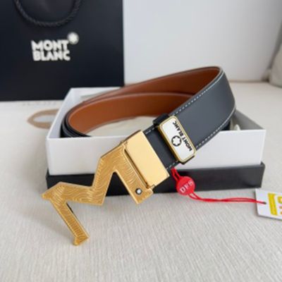 1:1  Montblanc Black Leather Belt with Gold Logo Buckle Hanging Buckle 3.5cm